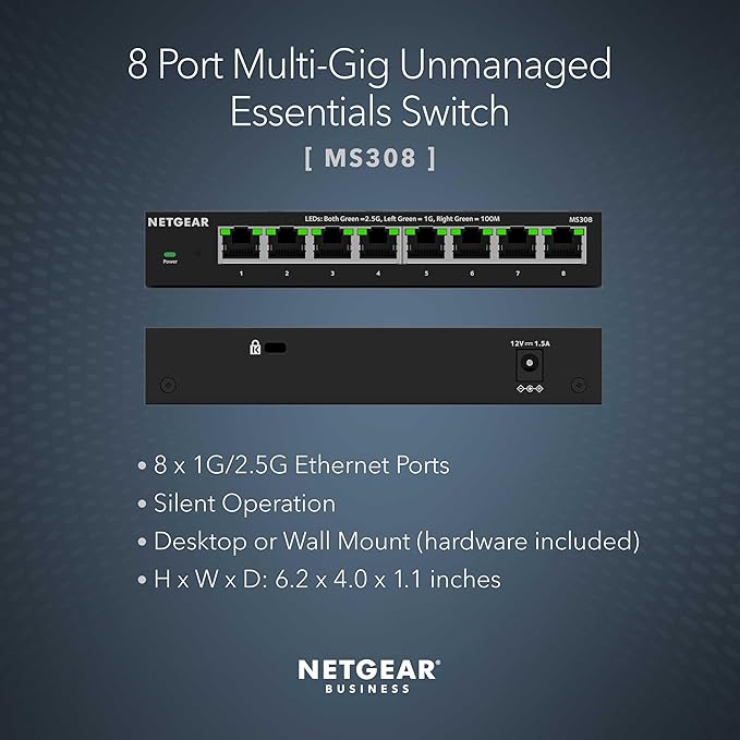 NETGEAR 8-Port 2.5GB Switch - Multi-Gigabit Ethernet Unmanaged Essentials Network Switch (MS308) - 8 x 1G/2.5G - Desktop or Wall Mount - Limited 3 Year Protection